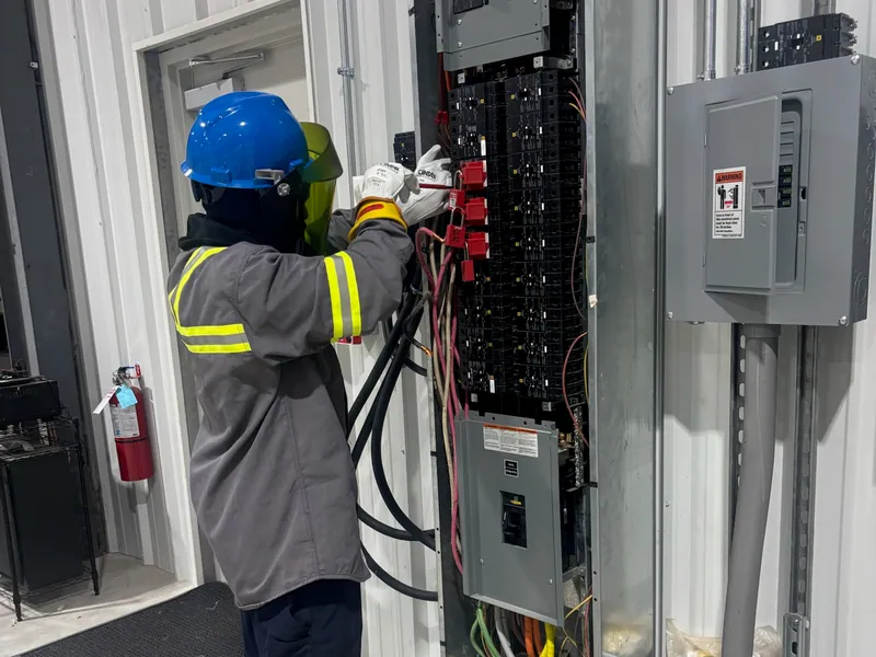 A technician in arc-flash protective gear and a hard hat working inside a panelboard