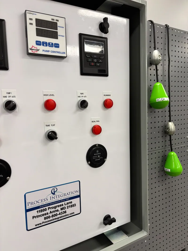 The door of the same pump control panel: a Mercoid pump controller, Hand-Off-Auto selectors for pumps 1 and 2, high level, running and seal fail pilot lights, and float switches hanging beside it