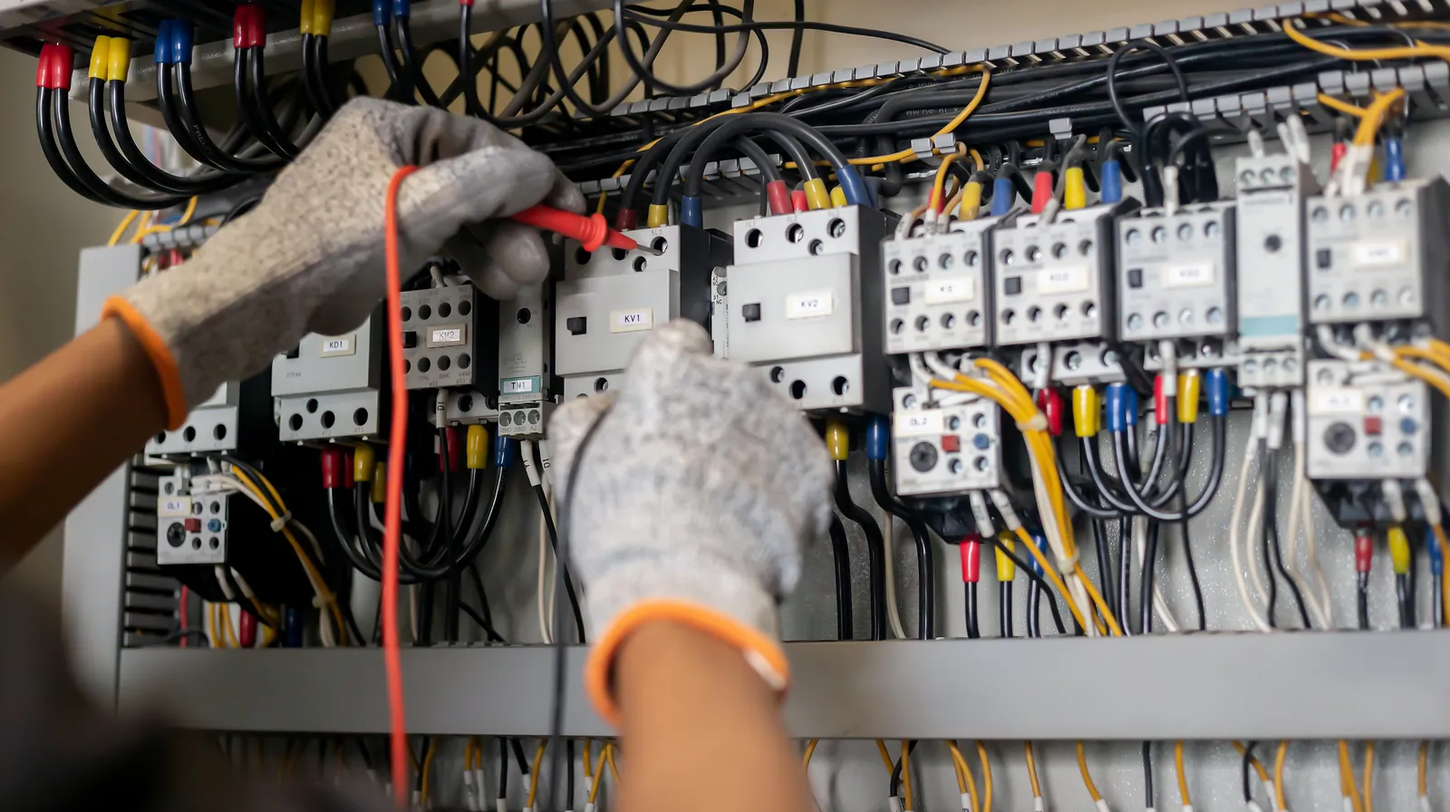 Gloved hands testing contactors inside an industrial control panel with a meter probe