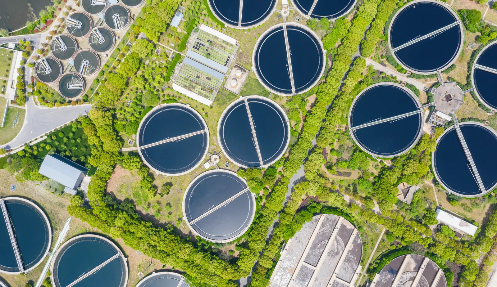 Aerial view of a municipal wastewater treatment plant